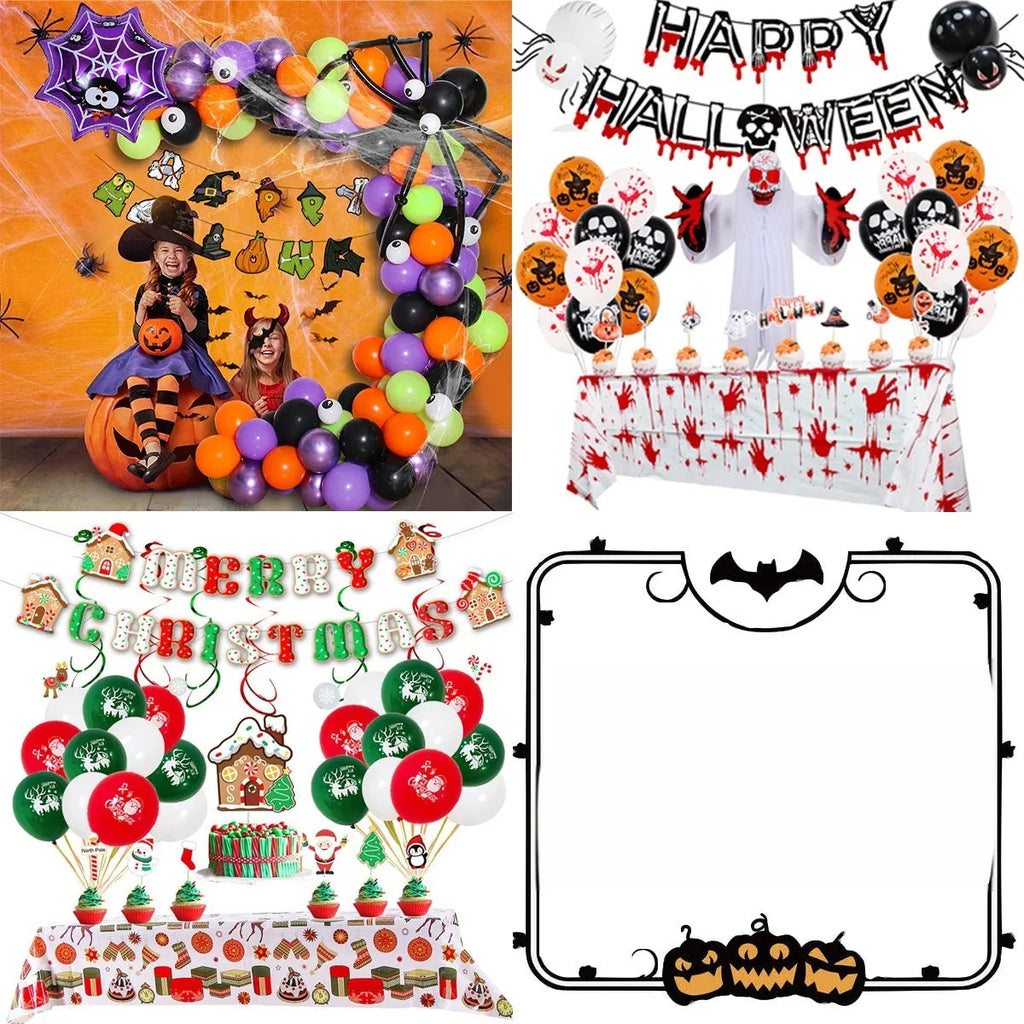 Halloween latex balloon combo with skull, pumpkin and spider web designs in white and black colours