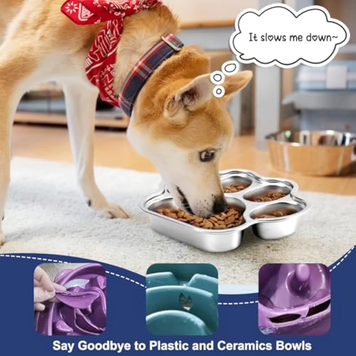 Silver stainless steel slow feeder dog bowl with raised ridges for slowing eating, 2 cup capacity, non-slip base, on a light background