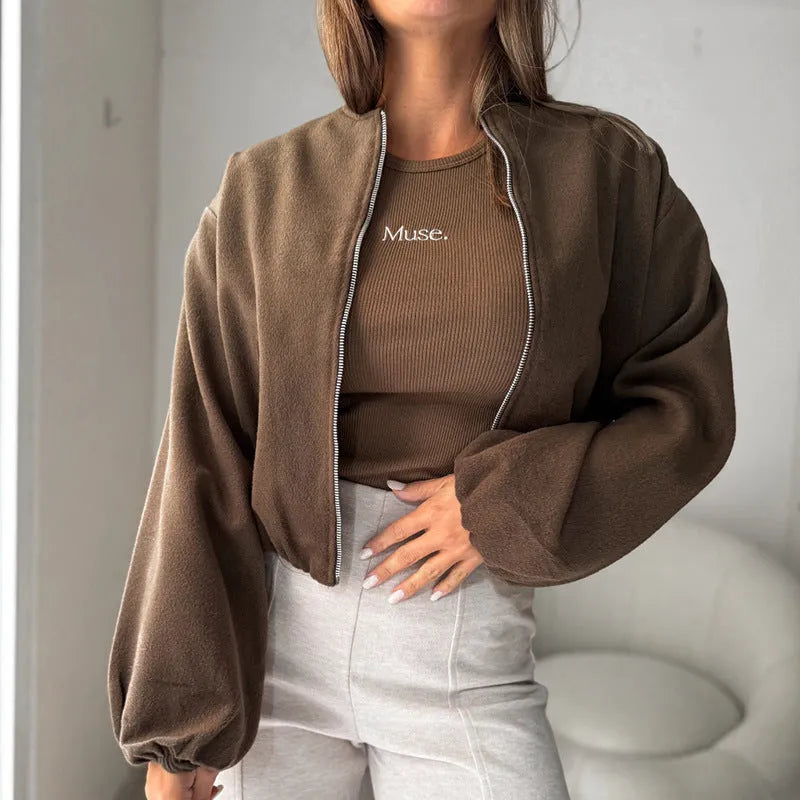 Women's brown loose fit off-shoulder short coat with full lantern sleeves and front pockets
