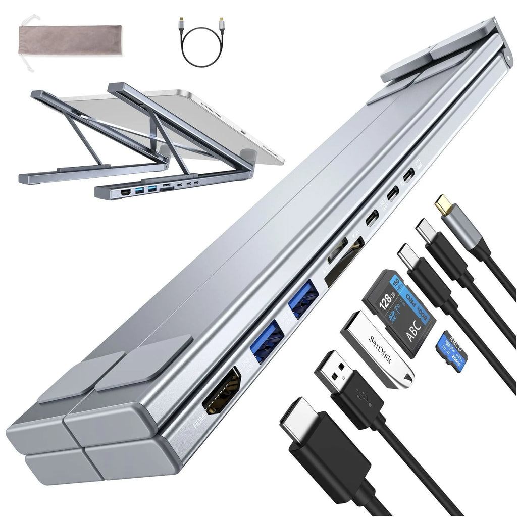 Aluminium folding laptop stand with 8-in-1 docking station hub showing connectivity ports