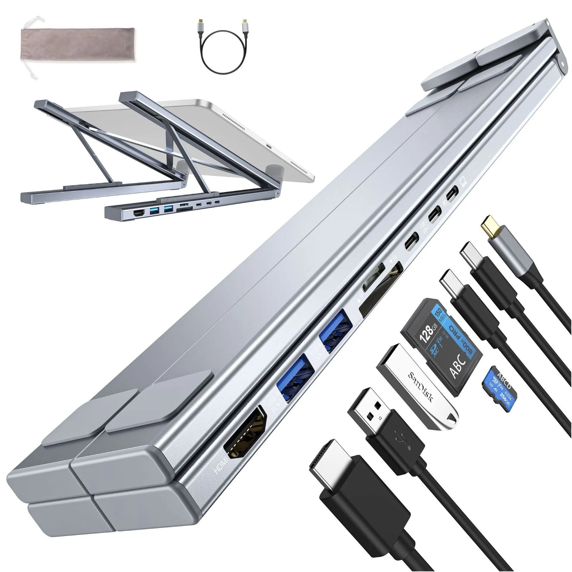 Aluminium folding laptop stand with 8-in-1 docking station hub showing connectivity ports