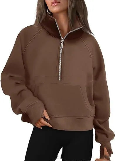Women's loose lapel fleece-lined sweater in apricot colour with raglan sleeves