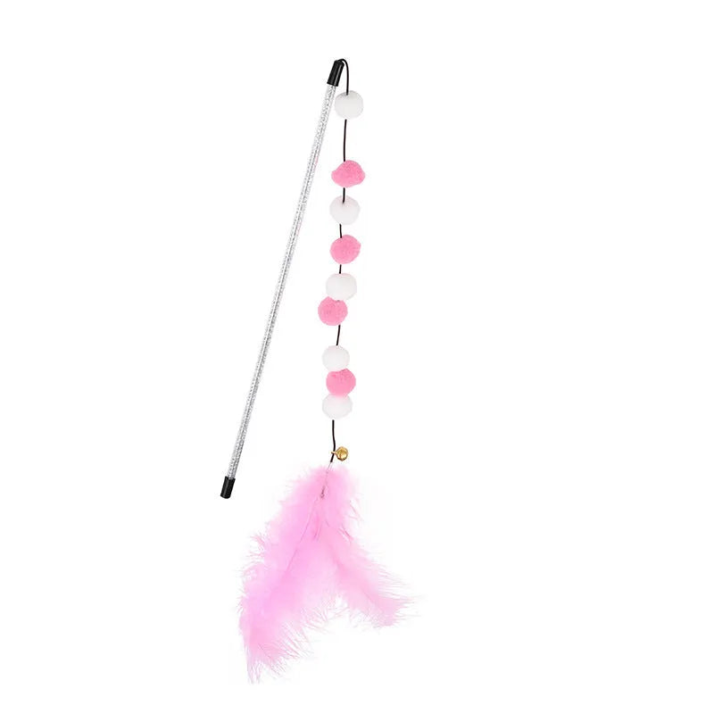 31cm long cat teaser stick wand with bell and colourful feather pompon attachments