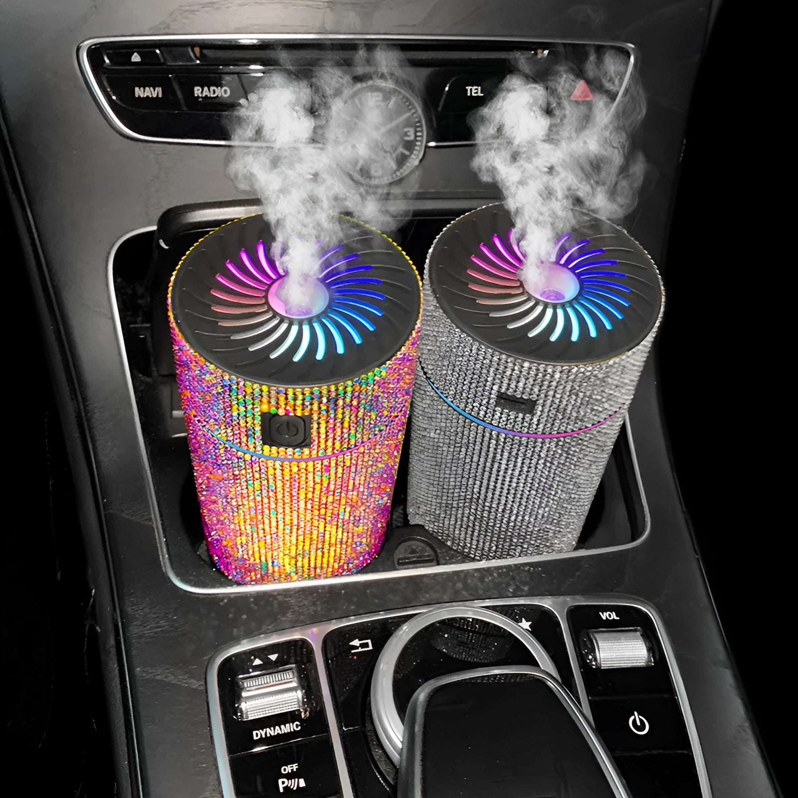 Car air purifier humidifier unit with USB cable in choice of seven diamond colours for vehicle cabin placement