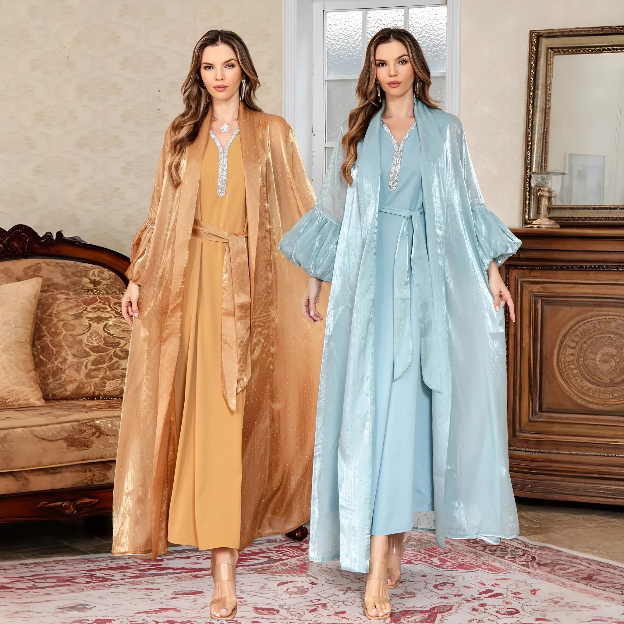 Brown Dubai Arabic two-piece dress set with rhinestone detail on long sleeve top and matching long skirt