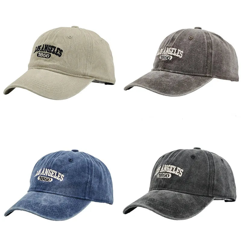 Retro personalised washed distressed embroidered peaked cap in beige with adjustable snapback.