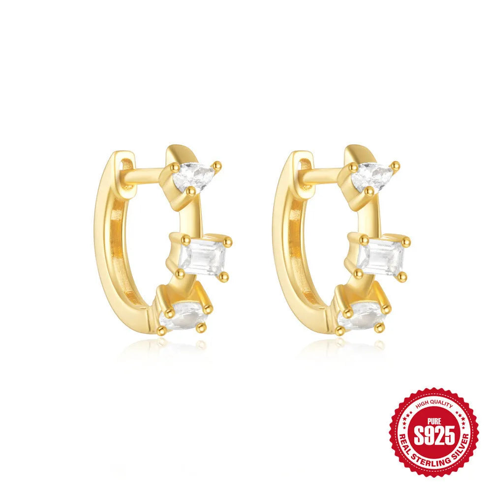 Small round geometric sterling silver stud earrings with a diamond pattern, available in gold or silver colour.