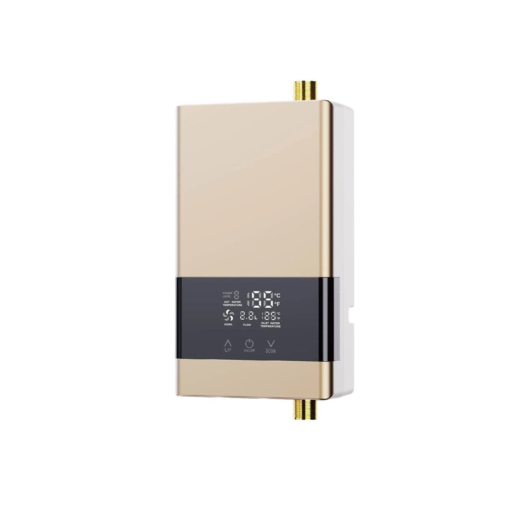 Household constant temperature water heater with LED touch screen in gold, silver, or white finish.