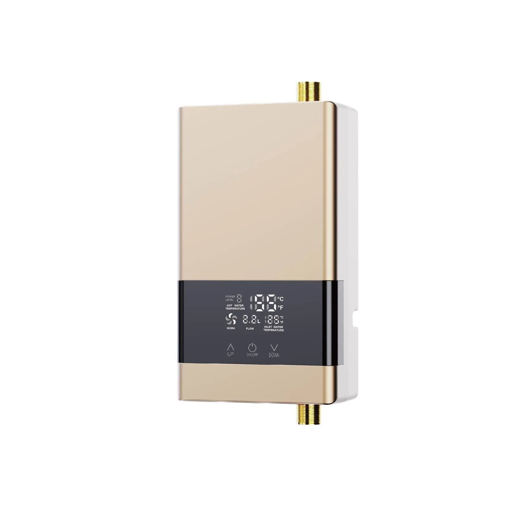 Household constant temperature water heater with LED touch screen in gold, silver, or white finish.