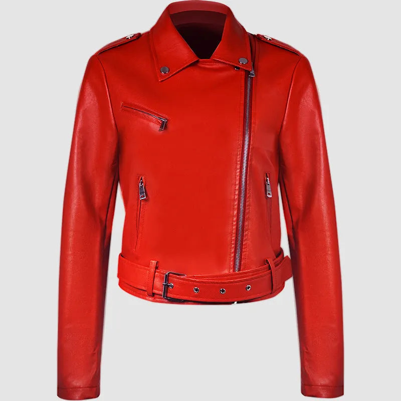 Women's black PU leather motorcycle jacket with a lapel and waist belt.