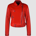 Women's black PU leather lapel jacket with an adjustable short belt.