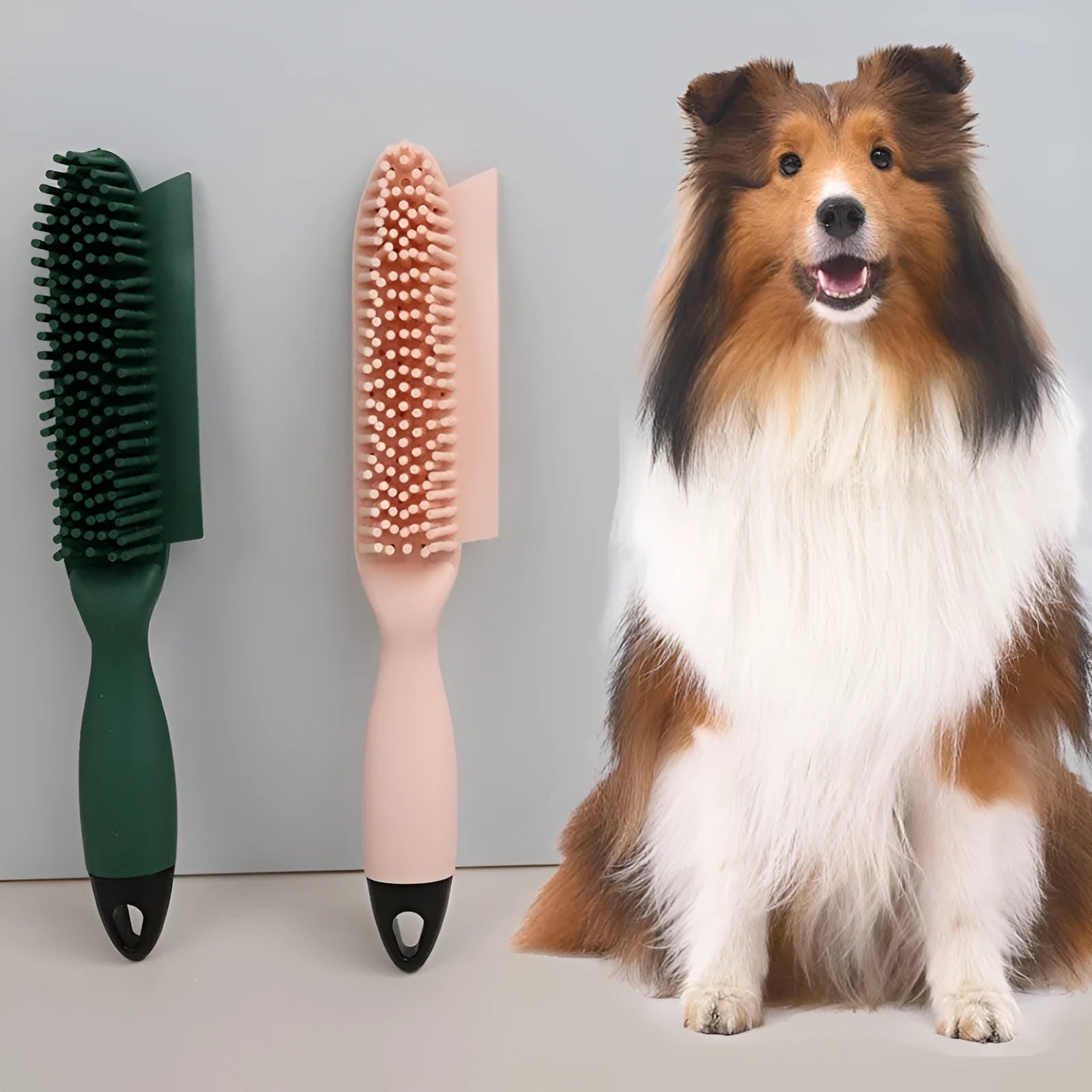 Green pet grooming brush with massage nodules and removable wool sticker for hair collection