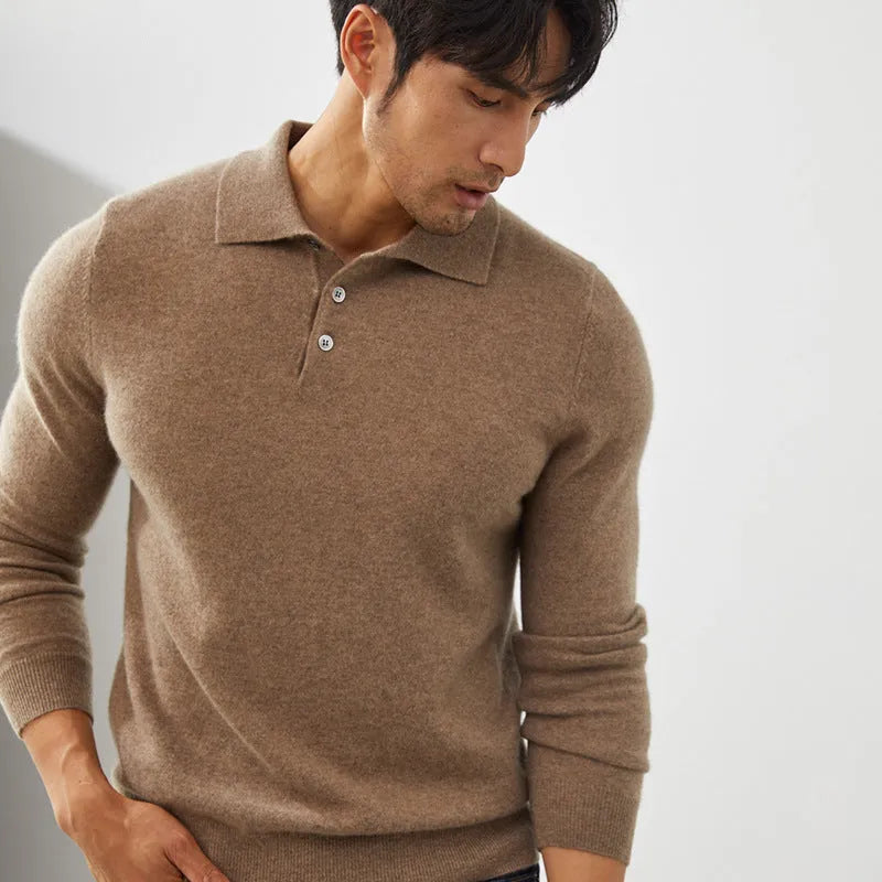 Man wearing a sapphire blue pure cashmere polo collar pullover sweater