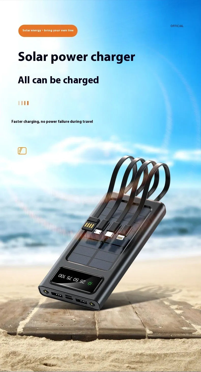 Black and white solar power bank with 20000 mAh capacity and charging cables