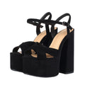 Women's black crocodile pattern chunky heel platform sandals with buckle fastening and round toe