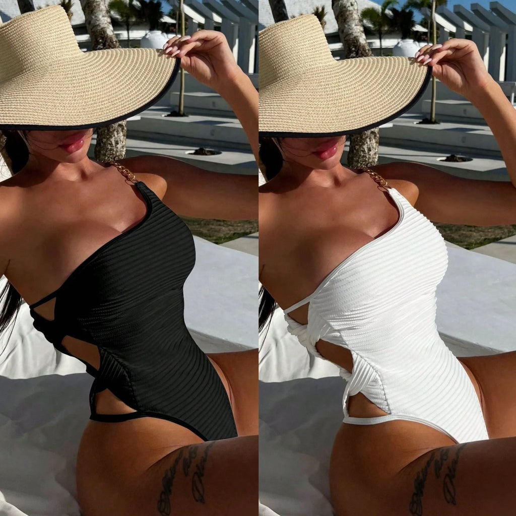 Women's solid colour one-piece swimsuit in polyester fabric, shown in beige and black colour options.