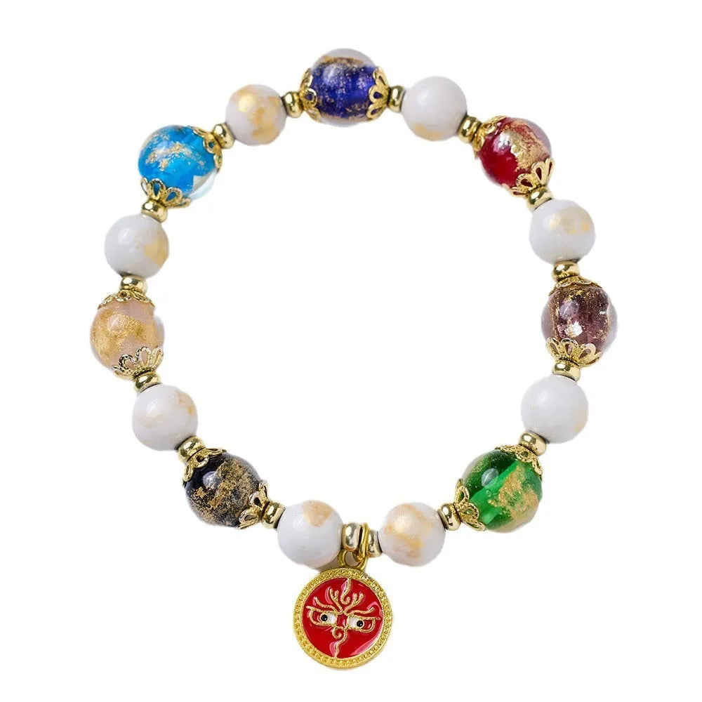 Handmade fragrant gray porcelain glaze bracelet with Five Gods of Wealth motif and geometric 10mm glass beads