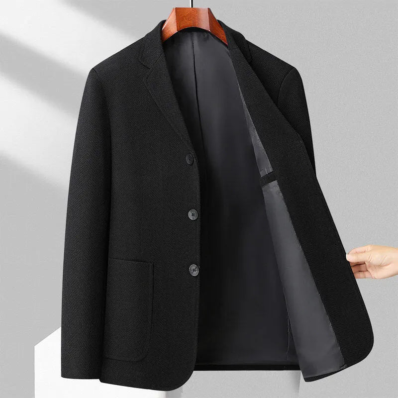 Men's loose fit woolen coat in solid colour for spring and autumn casual wear