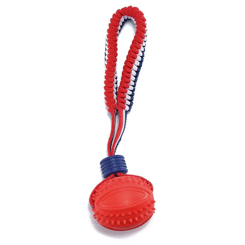 Blue and red natural rubber dog ball attached to a rope for tug-of-war and teeth cleaning.