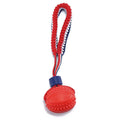 Blue and red natural rubber dog ball attached to a rope for tug-of-war and teeth cleaning.