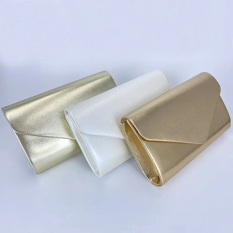 Women's shiny PU large capacity clutch bag in Champagne, horizontal square shape with sandwich pocket