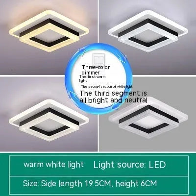 Modern LED ceiling light in black or gold, round or square style, for corridor or hallway.