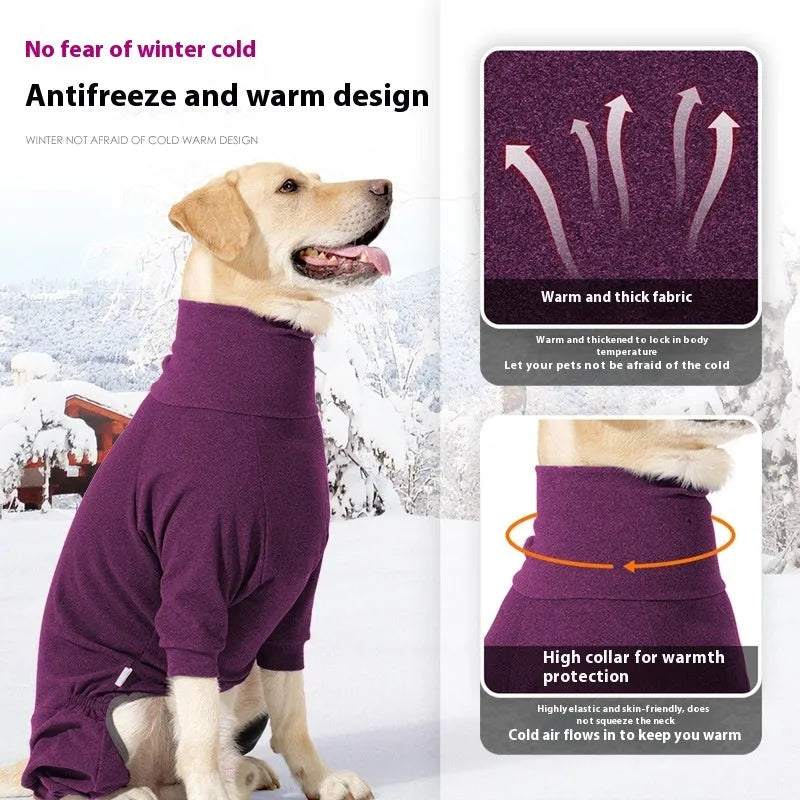 Dark grey polar fleece four-legged dog clothes with high collar for winter cold protection