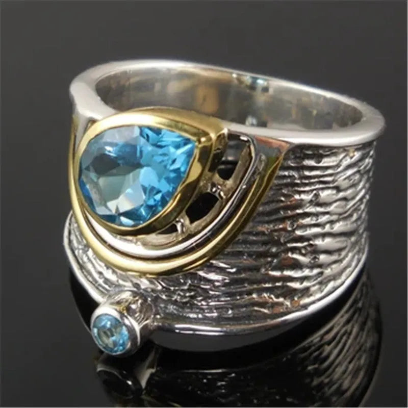 Women's blue Chinese style rhinestone zircon ring with drop shape design on alloy base