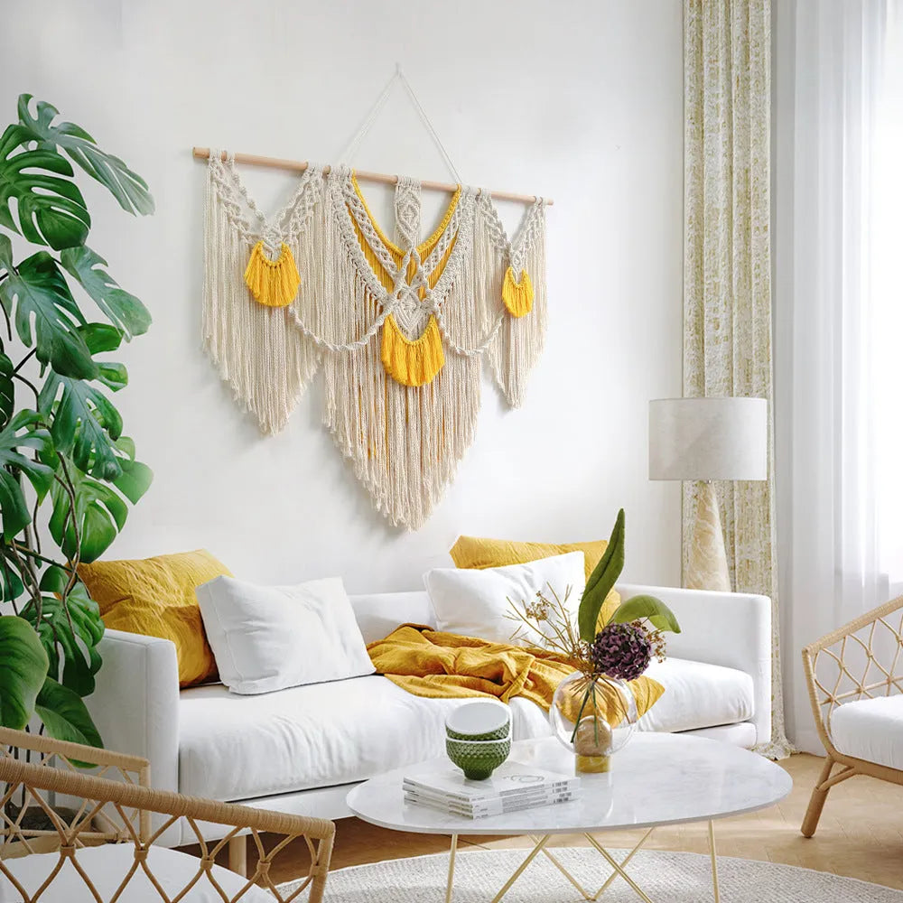 Nordic style hand-made woven cotton tapestry rectangle 120x95cm creamy white yellow wall hanging