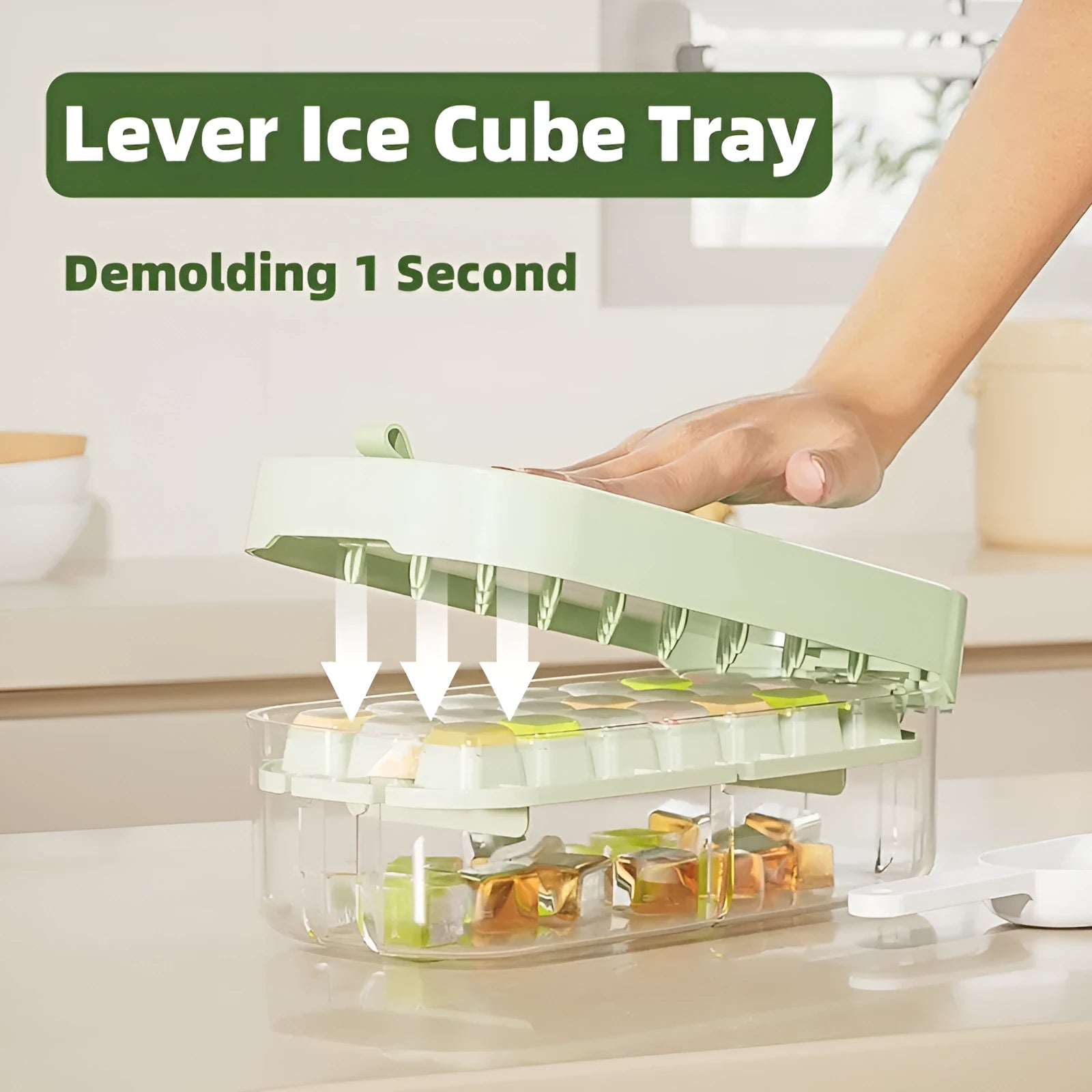 Yellow high-capacity ice cube tray with leverage handle and stored ice shovel.