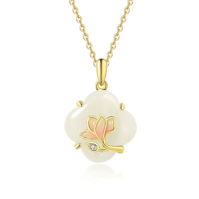 S925 Sterling Silver necklace, bracelet and earrings set with inlaid Hetian Jade magnolia flower design.