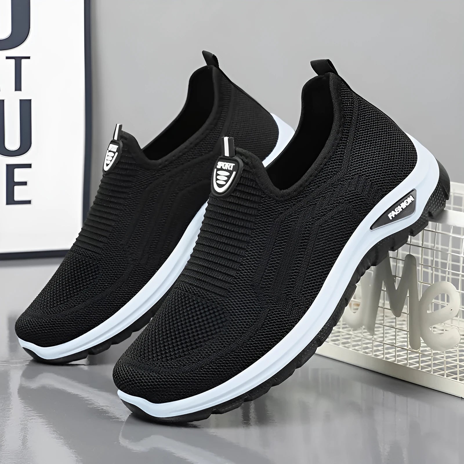 Men's black and grey breathable casual shoes with mesh lining and round toe