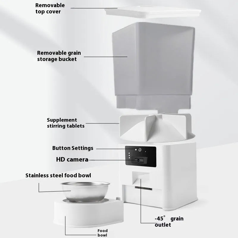 5 litre stainless steel bowl intelligent pet feeder with remote Wi‑Fi, video, and voice call functions