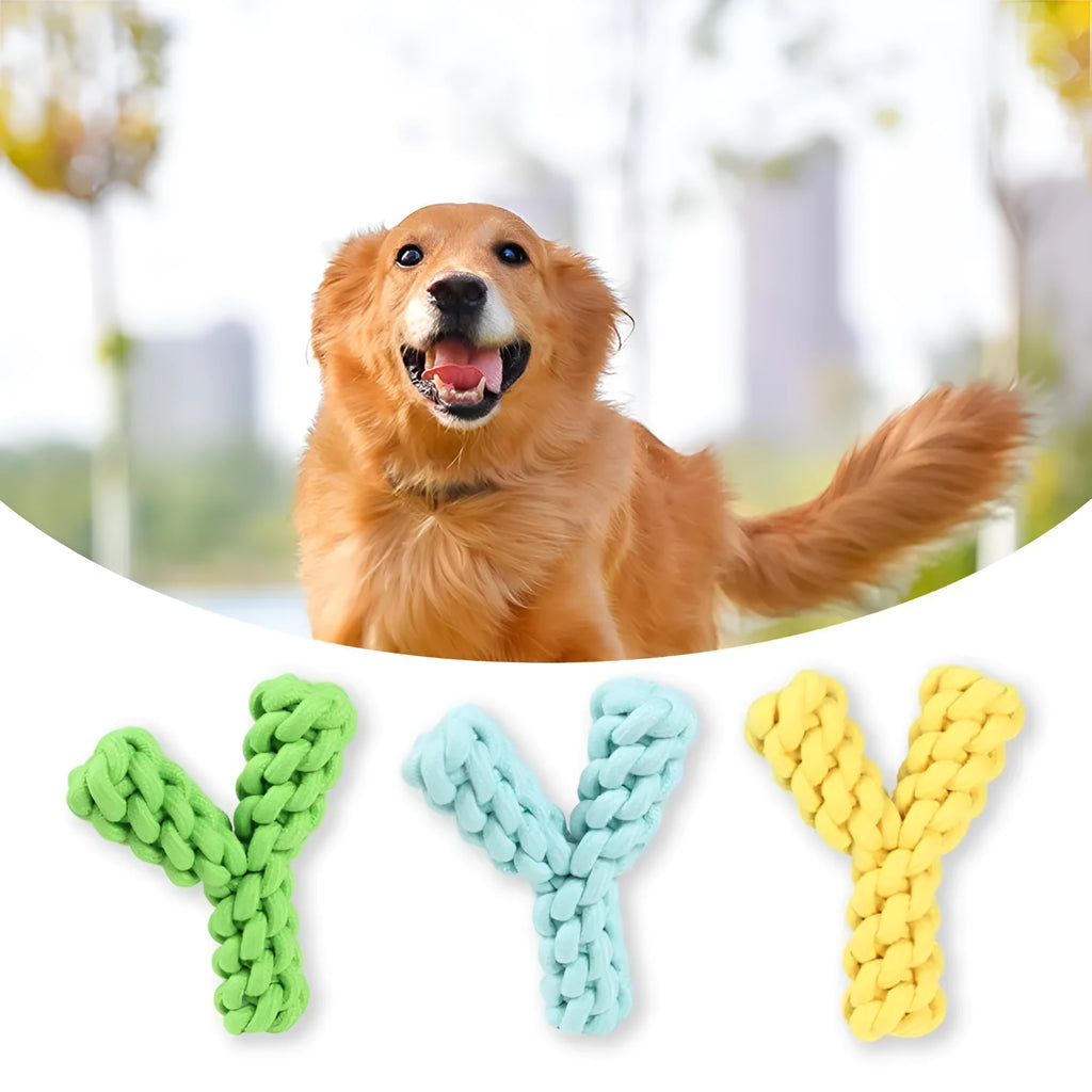 Blue Y-shaped cotton rope dog toy for large dogs on a plain background.