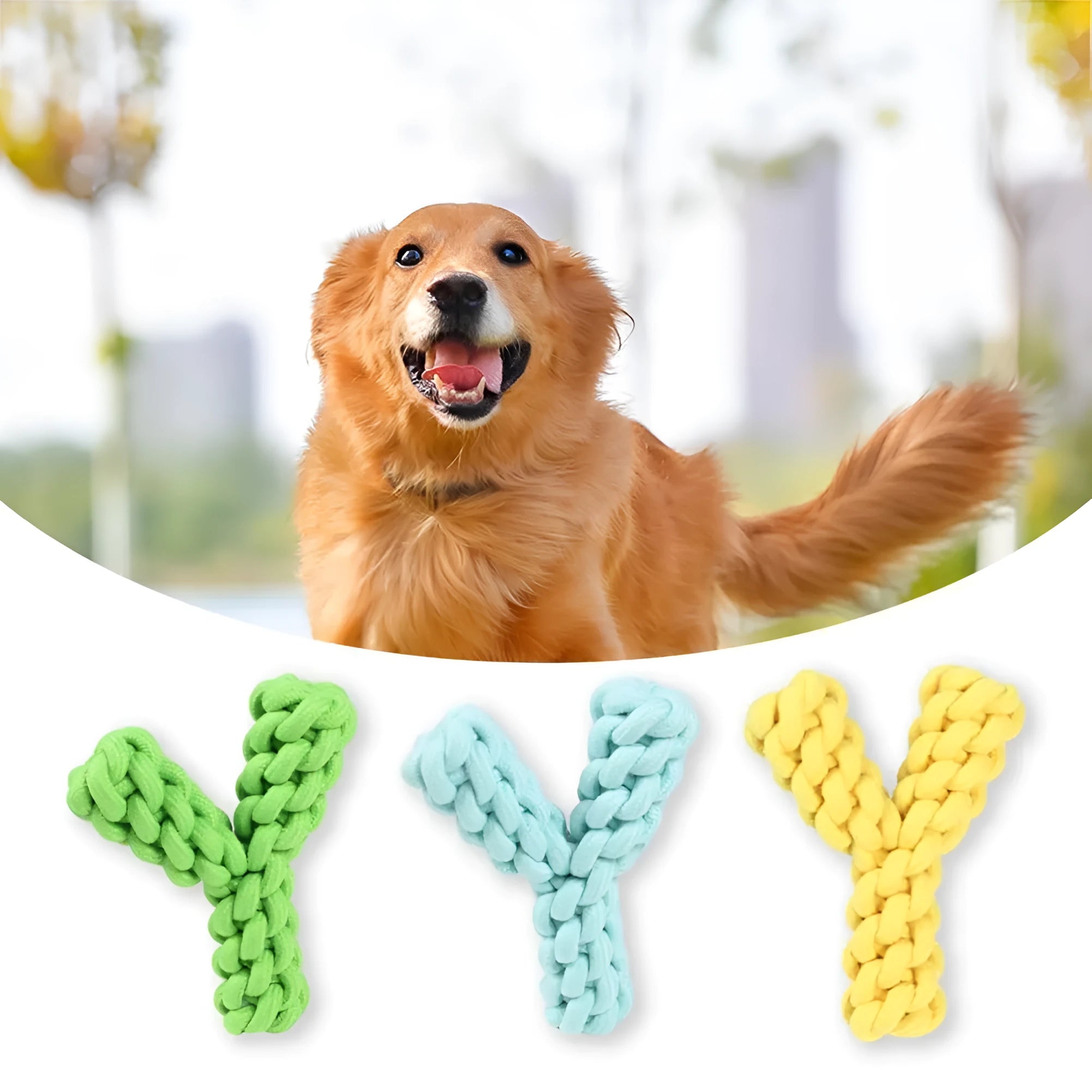 Blue Y-shaped cotton rope dog toy for large dogs on a plain background.