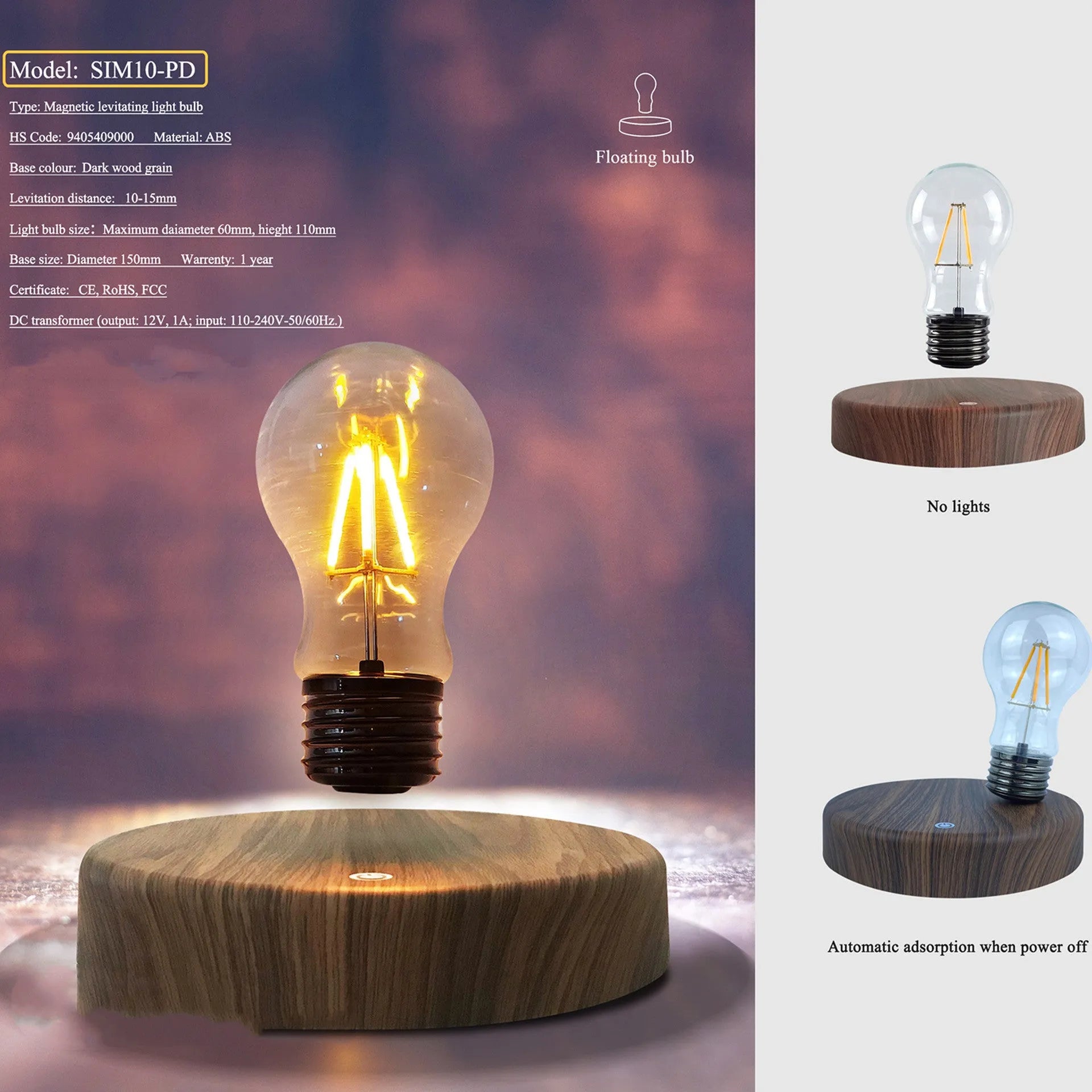 Magnetic levitation bulb night light in solid wood colour with UK plug on a desk.