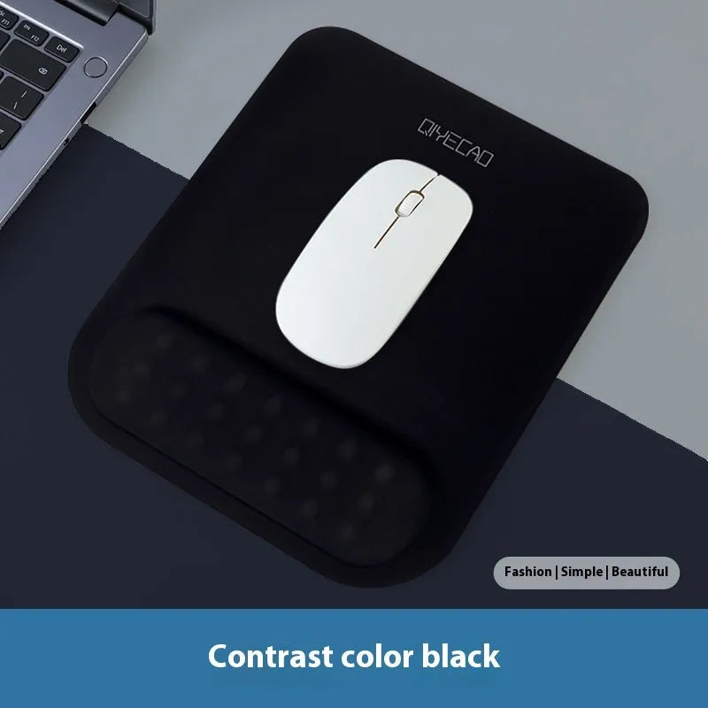 Ergonomic mouse pad with raised wrist support in a choice of contrast colour patterns on a desk.