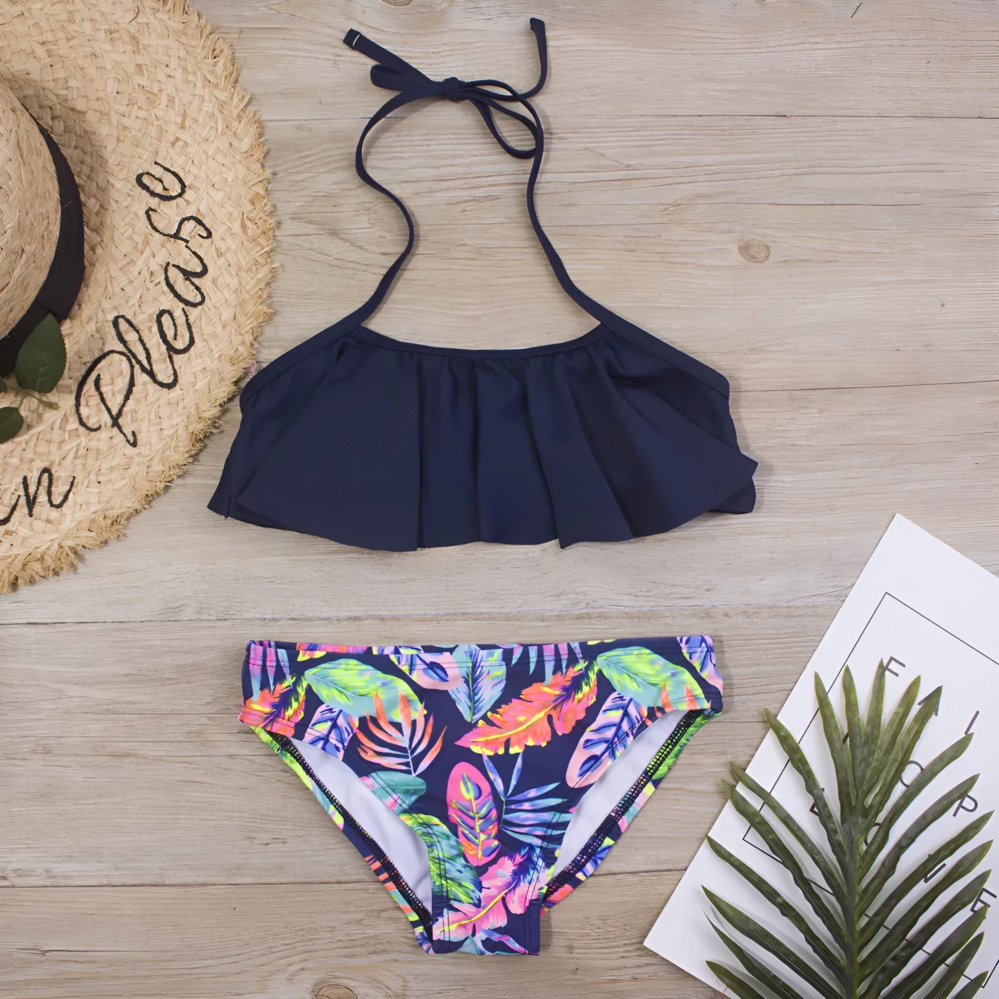 Feather printed lace up bikini set in high elasticity polyester for girls swimming