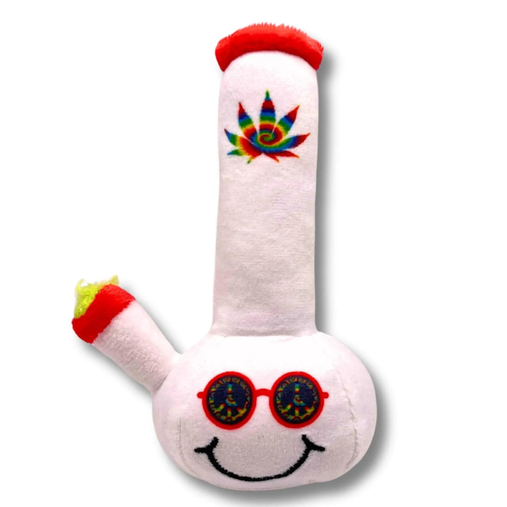24cm kettle-shaped dog plush toy with colourful printed patterns and squeaker