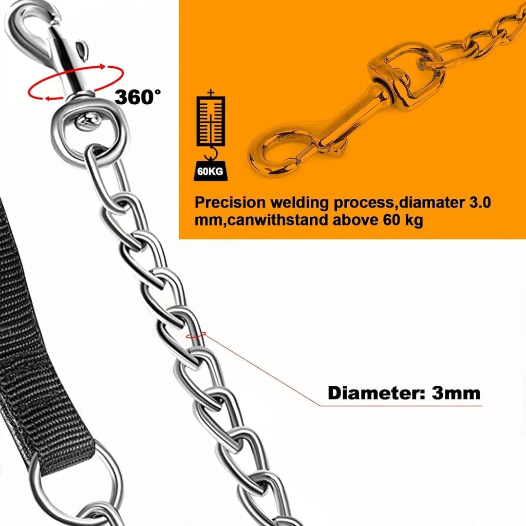 Heavy duty metal dog leash with soft black padded handle and silver chain, shown in red colour variant.