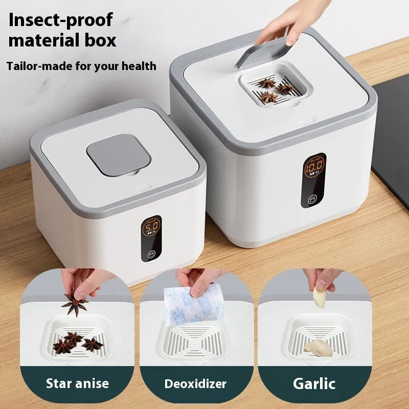 Grey plastic insect-proof moisture-proof rice storage jar with measuring cup in 10kg, 20kg, 30kg sizes.