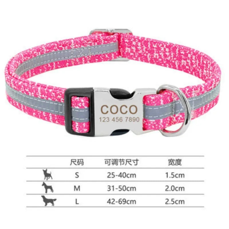 Nylon dog collar with quick-release buckle in black, green, and rose red colours showing S, M, L size options