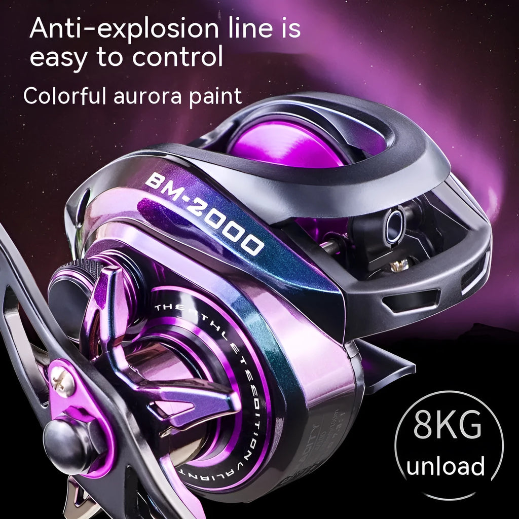 BM2000 baitcaster fishing reel with magnetic brake and water drop spool, shown in left-hand and right-hand retrieve models.