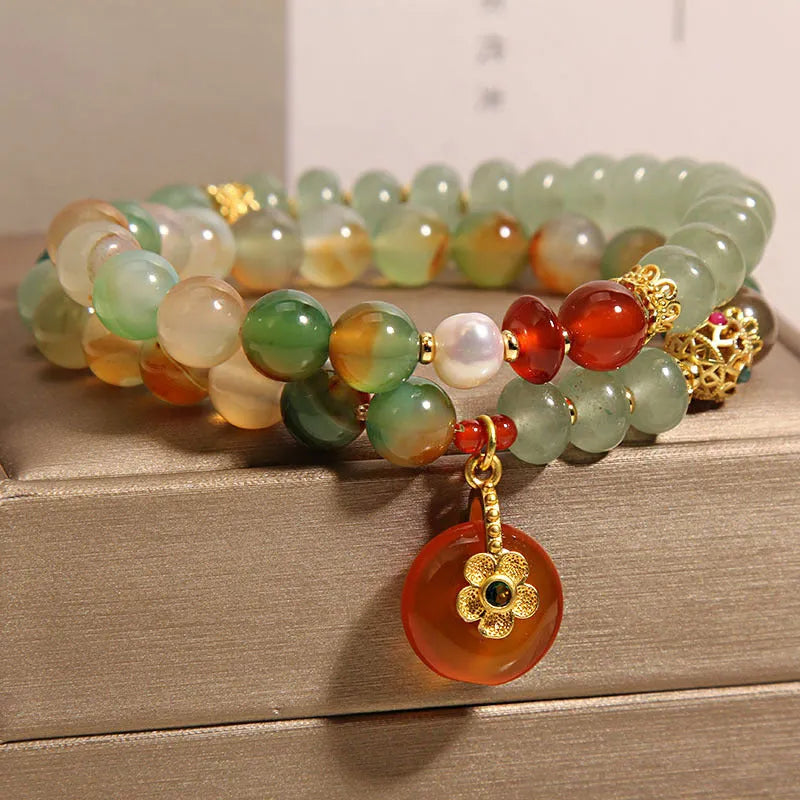 Peacock green agate double ring bracelet with safety buckle clasp and rhinestone decorative elements