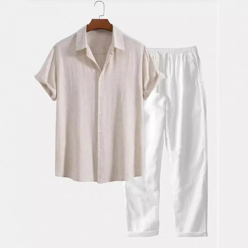 Men's casual linen-style shirt and trousers set in loose fit with short sleeves