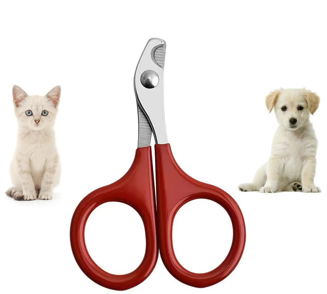 Pet nail clippers with stainless steel blades and a coloured plastic and rubber anti-slip handle.