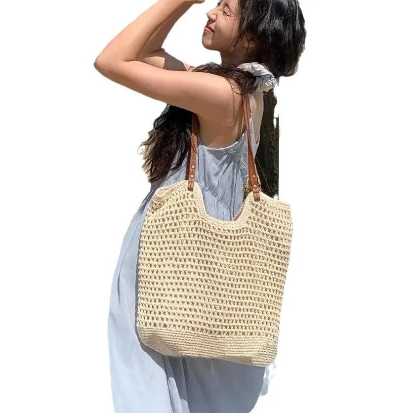 Beige woven cotton linen shoulder bag with large capacity for seaside holidays