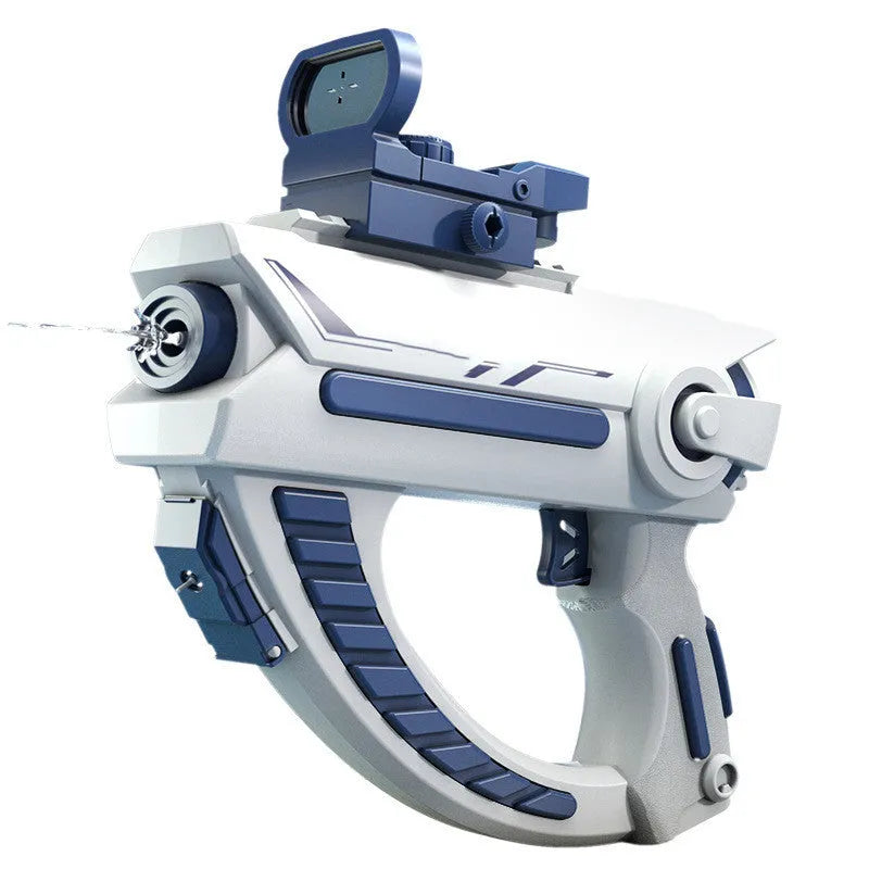 Blue automatic electric water gun with USB charging port held in a child's hand, ready for summer outdoor play.