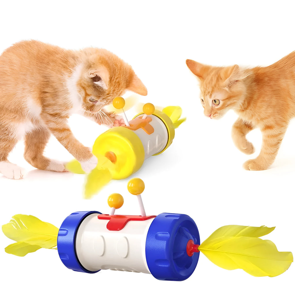 Interactive cat toy set with blue stick pole, feather ball, and yellow rolling tumbler puzzle on a floor.