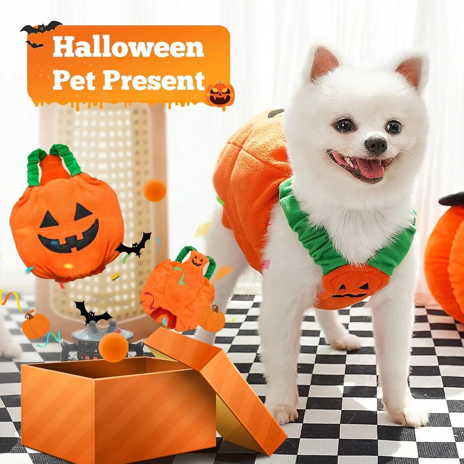 Orange plush pumpkin Halloween costume for small medium dogs and cats on mannequin